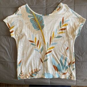 Cynthia Rowley Small 100% Linen Tropical Leaf Short Sleeve Top Palm Buttons Prep